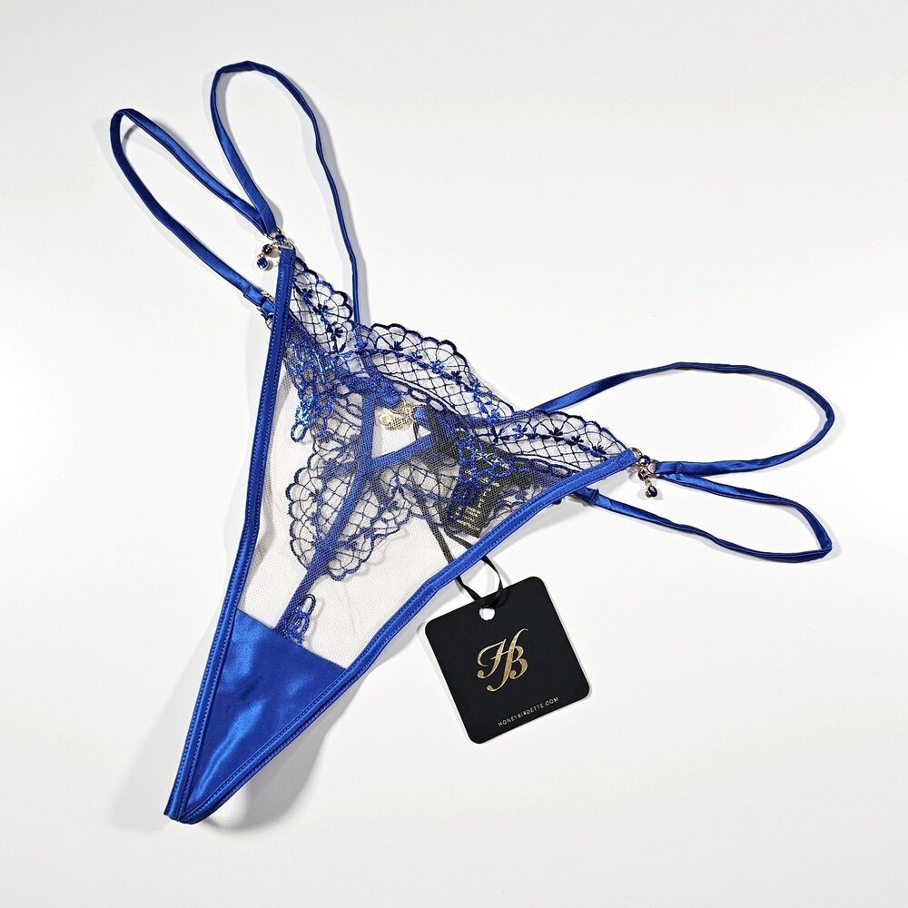 Honey Birdette Romy Blue Sheer Embroidered Thong Panty Size L